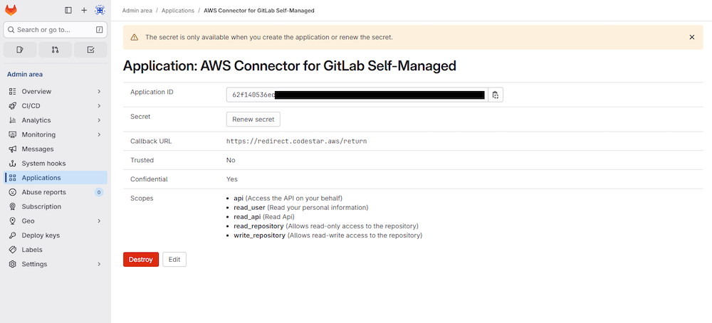 GitLabとAWS CodeConnectionsの連携設定を作成すると、GitLabのApplicationsに以下のようなアプリが作成されます。