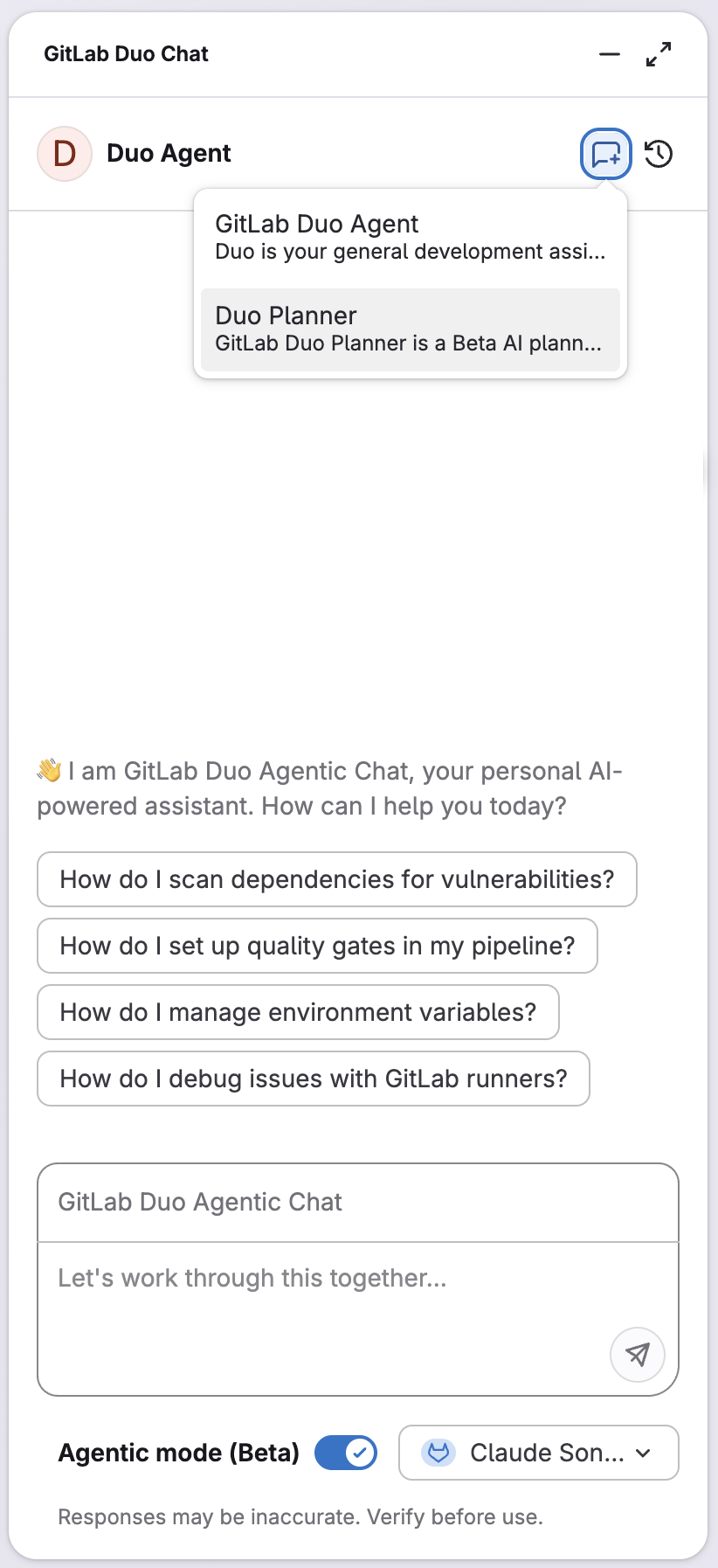 Duo Planner as a custom agent in the Duo Chat side panel