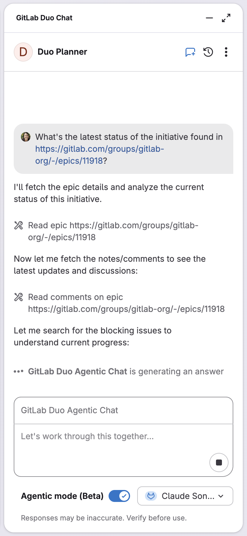 Asking Duo Planner about the status of an initiative by providing the epic link