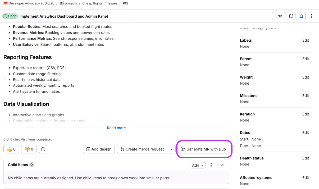 Issue with "Generate MR with Duo" button