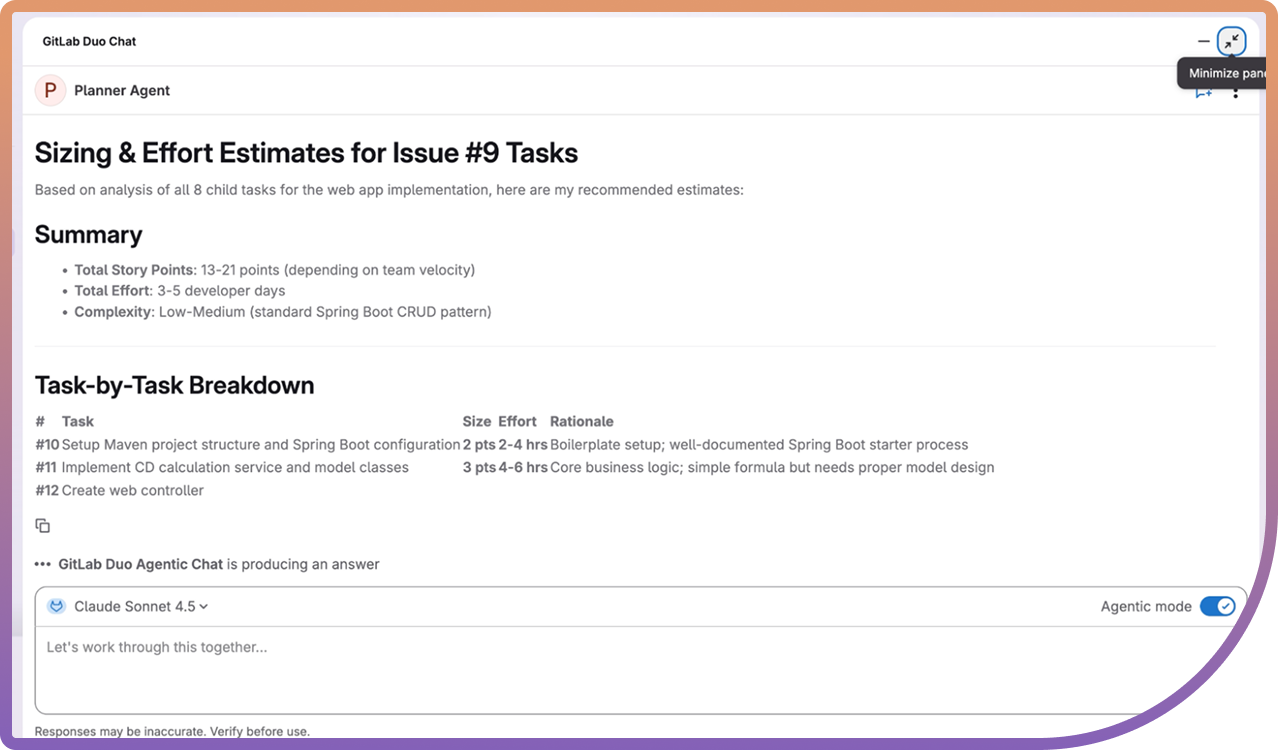 image showing Gitlab Duo agents providing a summary for an issue