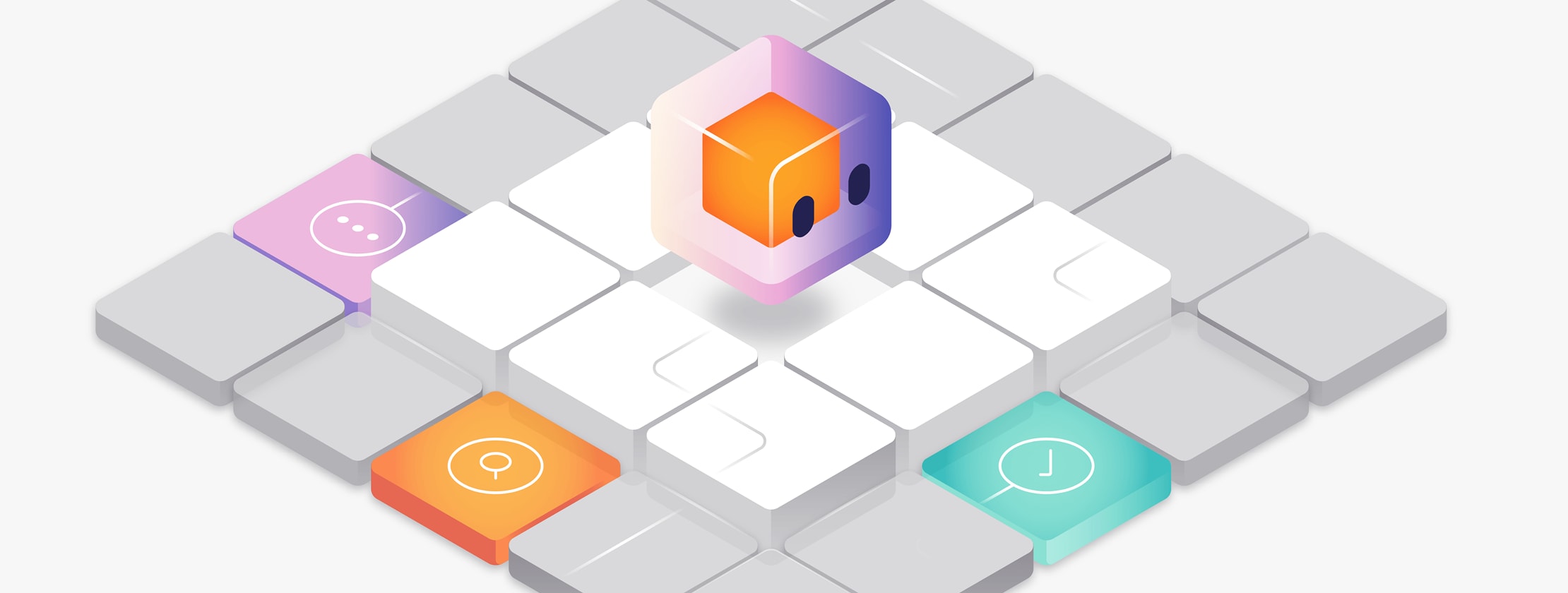 An abstract graphic with a cube-shaped character representing an AI agent is featured.