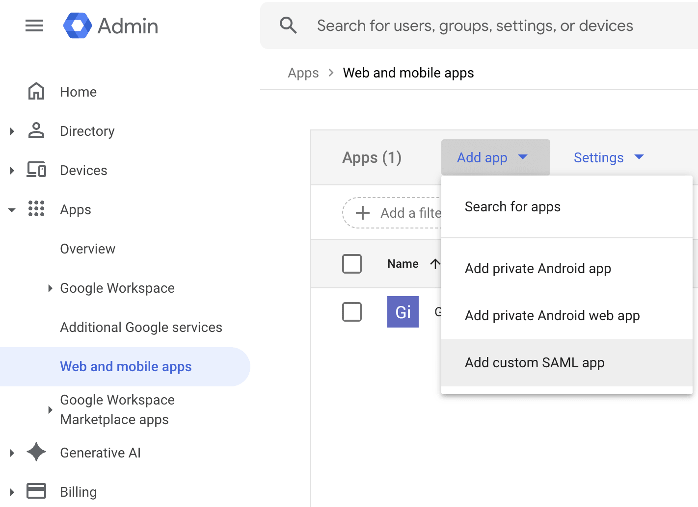 Google custom SAML app