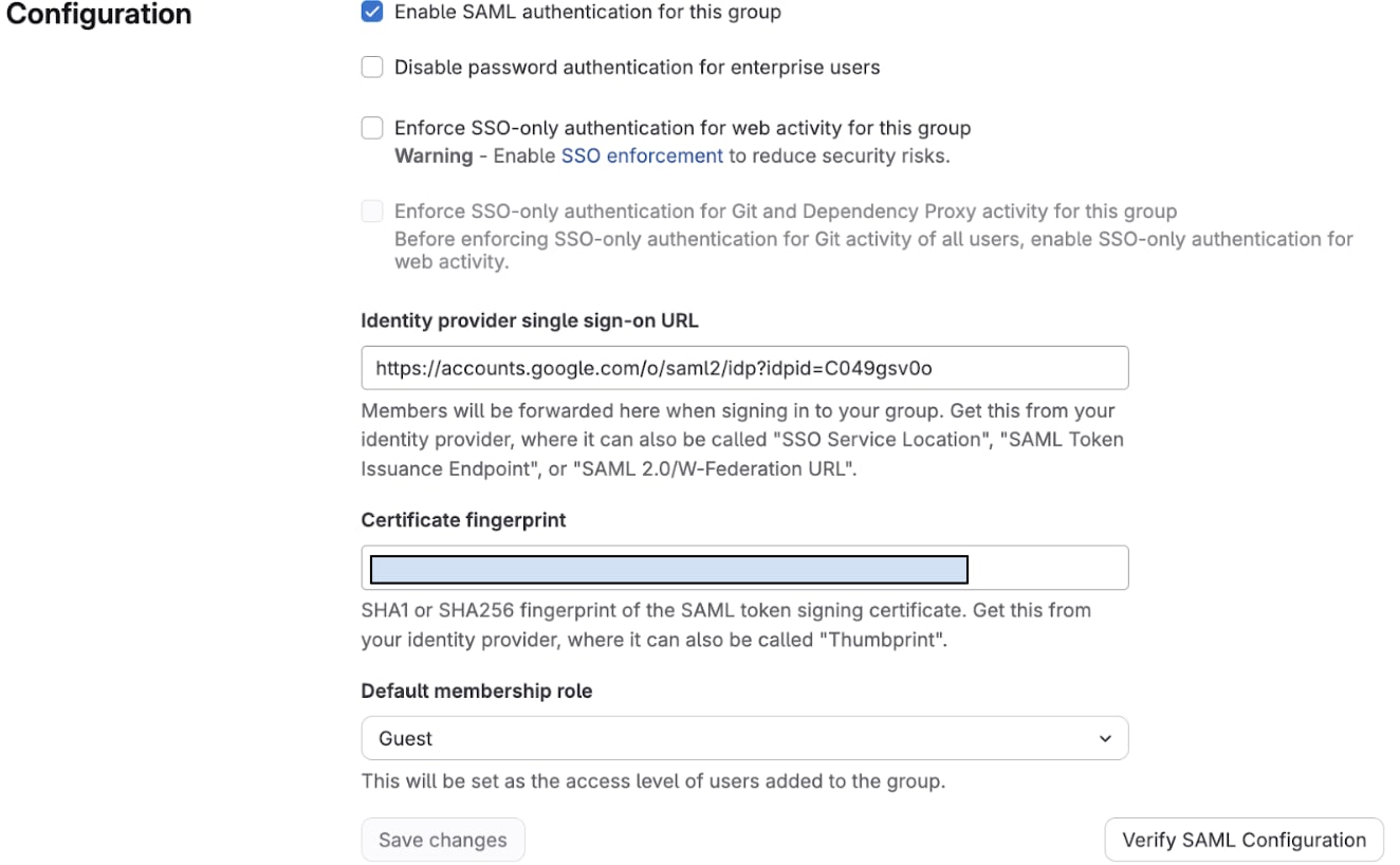 GitLab SAML Configuration with Google SAML values