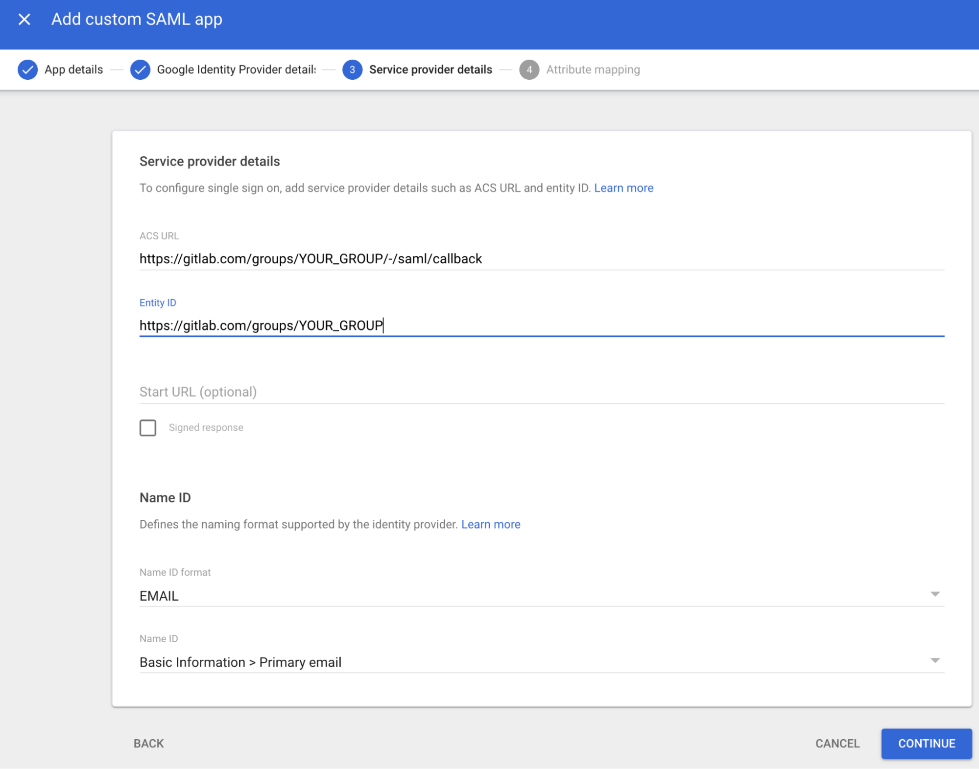 GitLab SAML app details