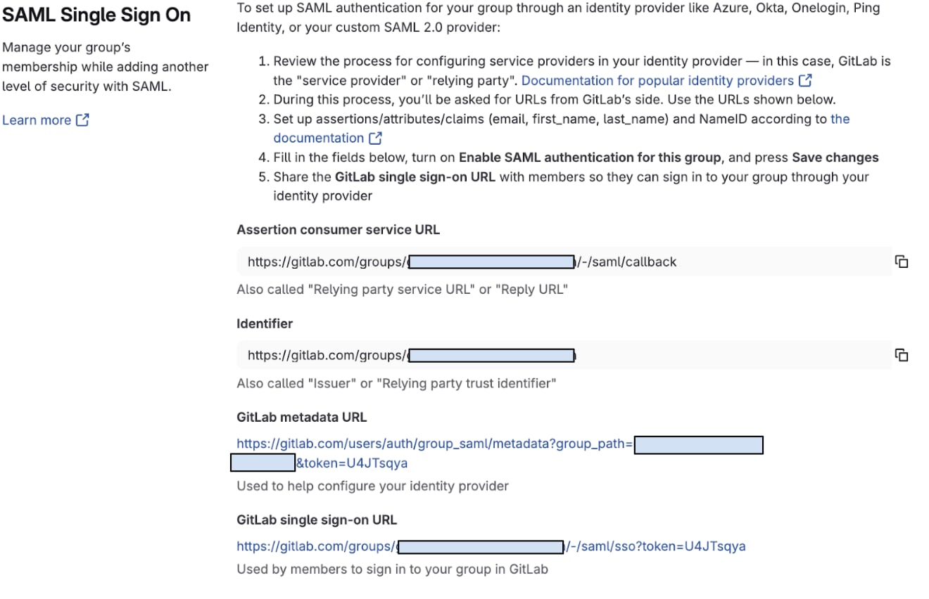 GitLab SAML single sign-on settings