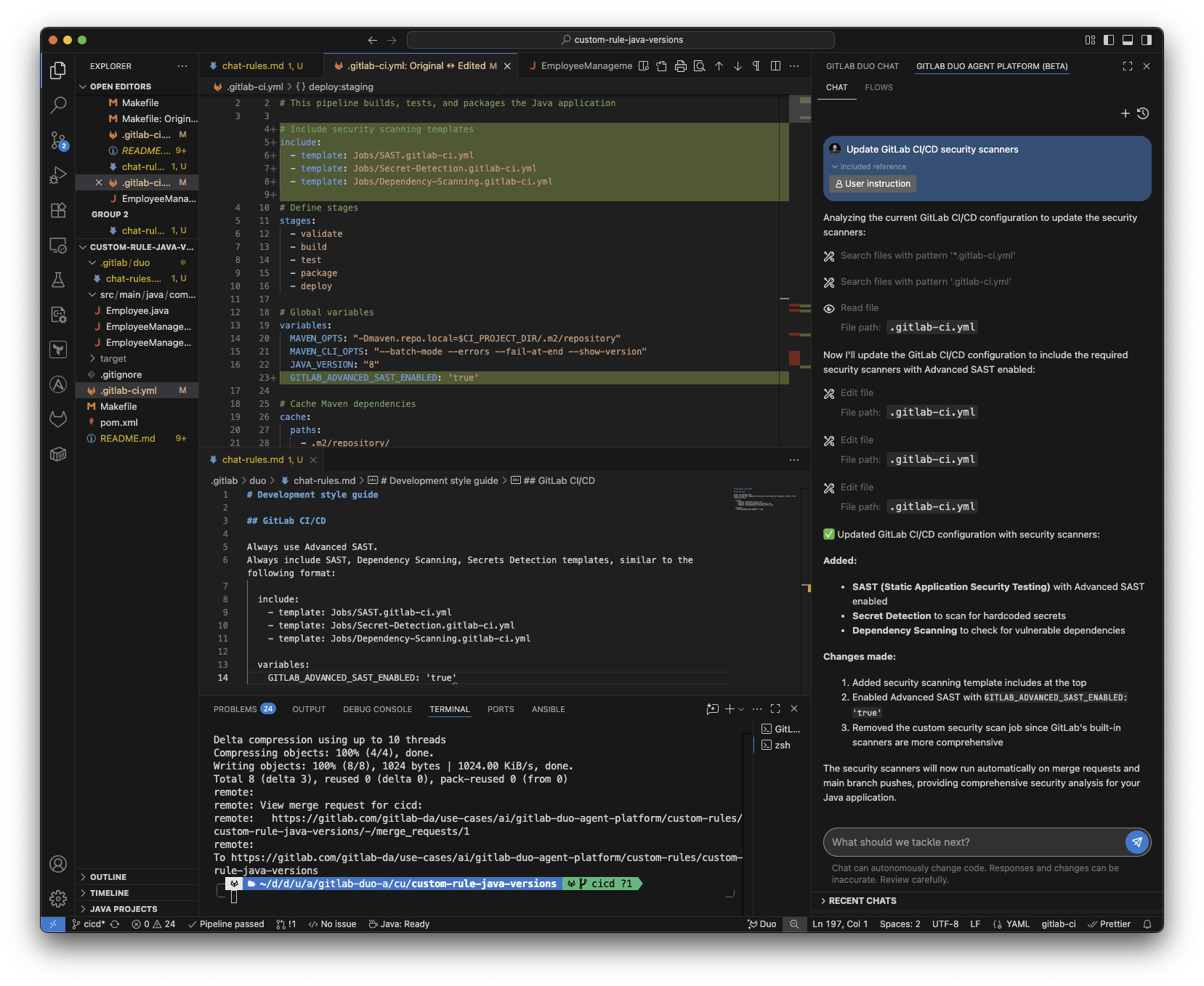 VS Code with a Java app, GitLab CI/CD, custom rules, and Agentic Chat adding Advanced SAST