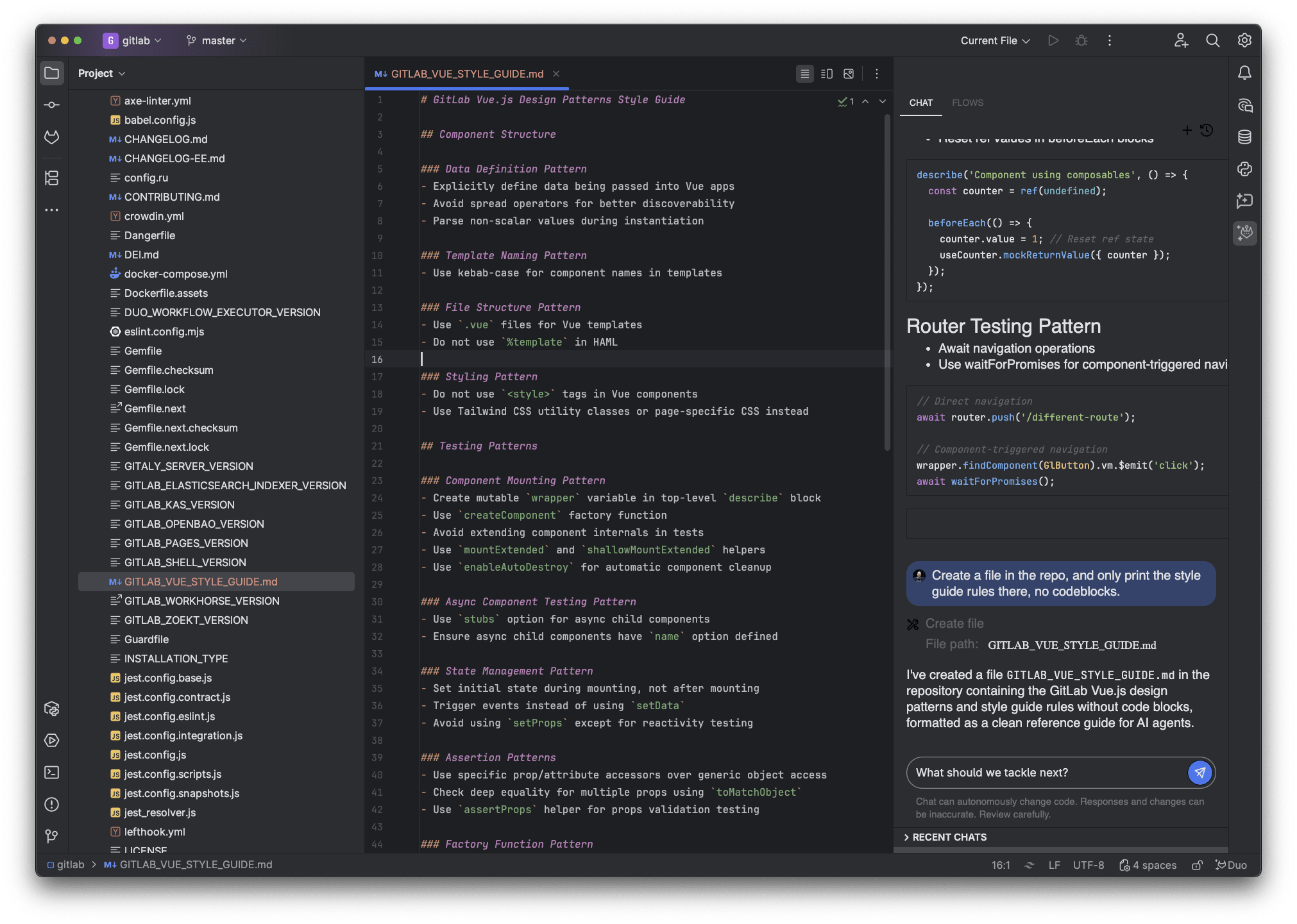 IntelliJ IDEA with gitlab-org/gitlab source code, and GitLab Duo Agentic Chat writing the styleguide file