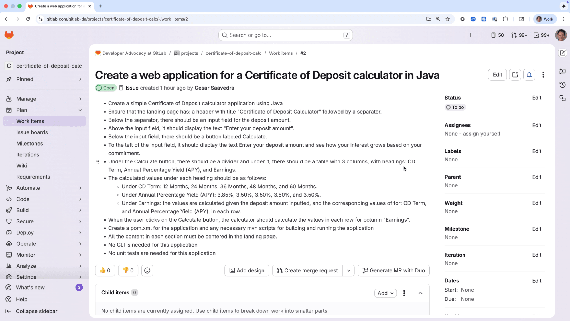 Issue detailing requirements of application