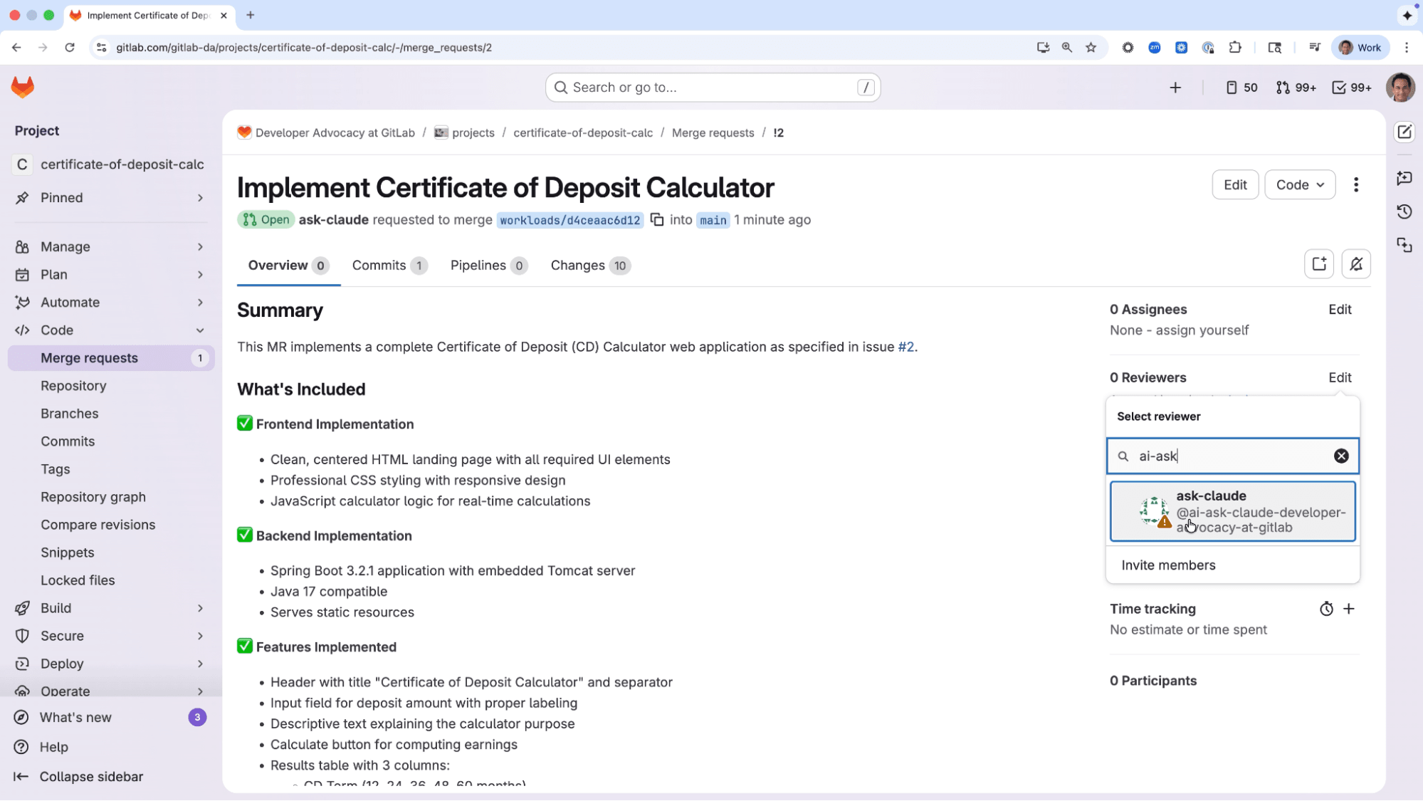 Requesting a code review from the external agent