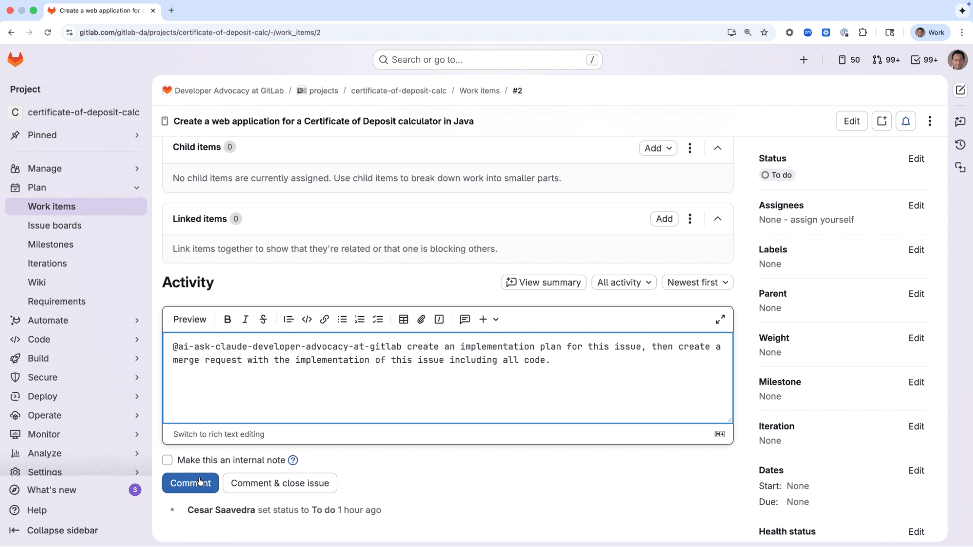 Prompt for external agent to create a merge request with application implementation