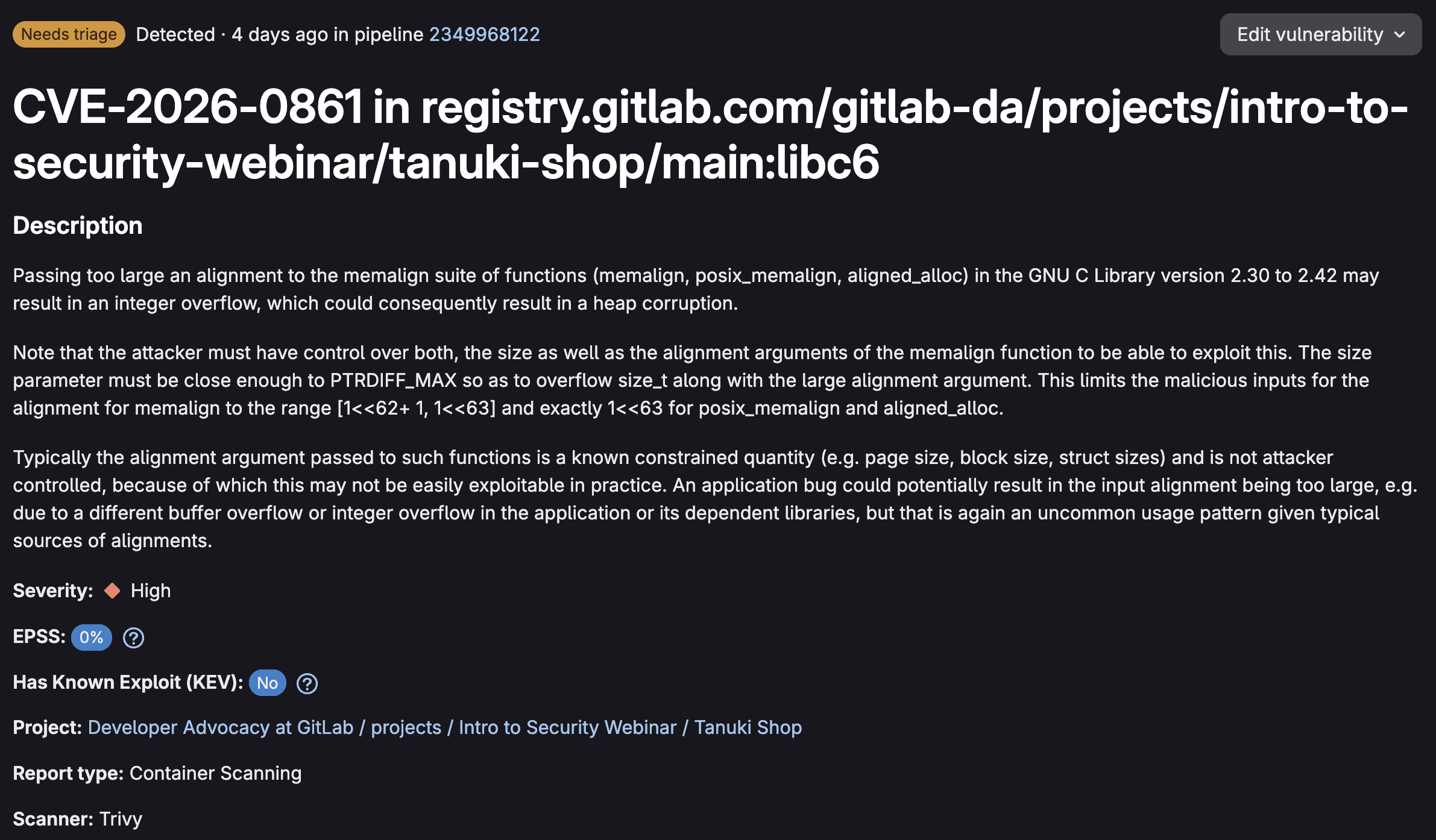 Vulnerability page - 1st view