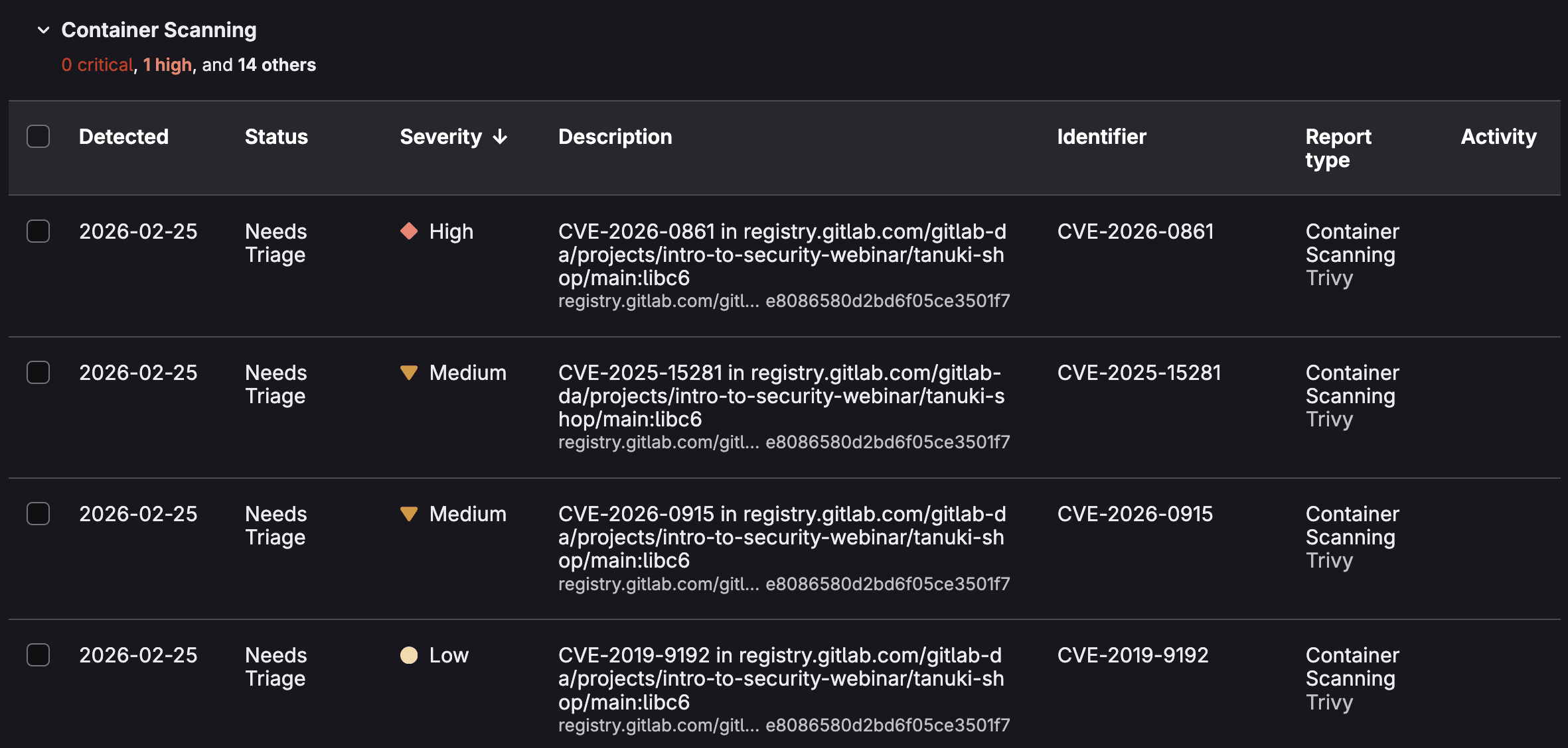 Vulnerability Report sorted by Container Scanning