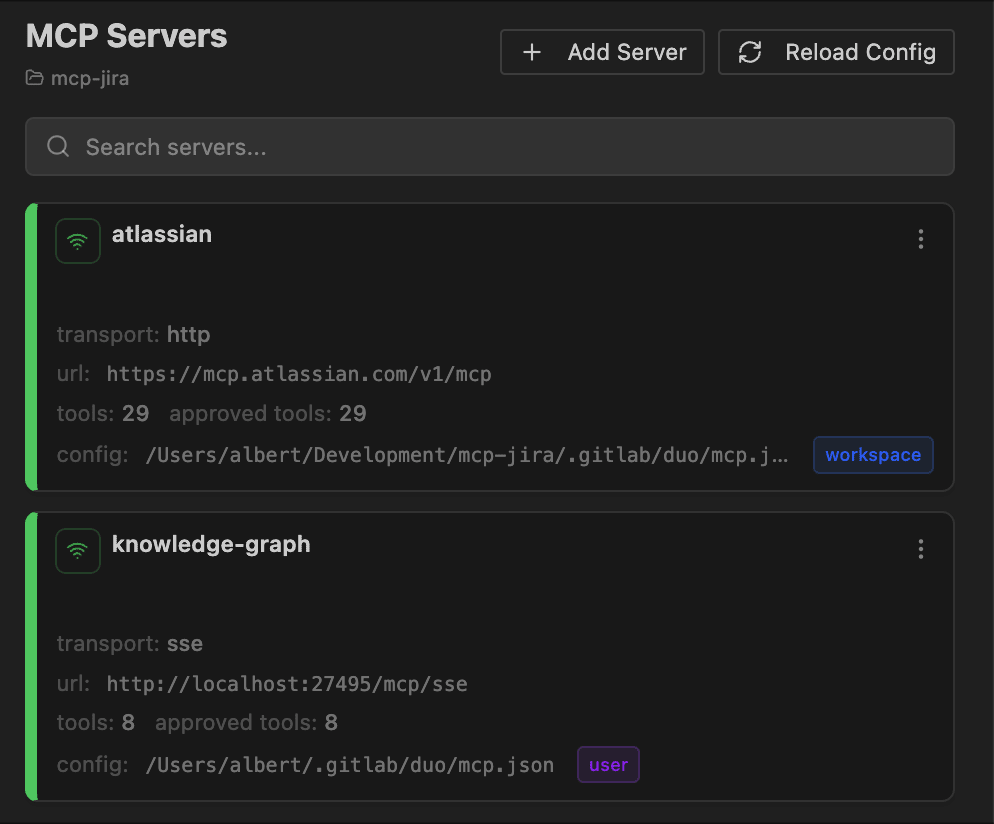 MCP servers dashboard and status