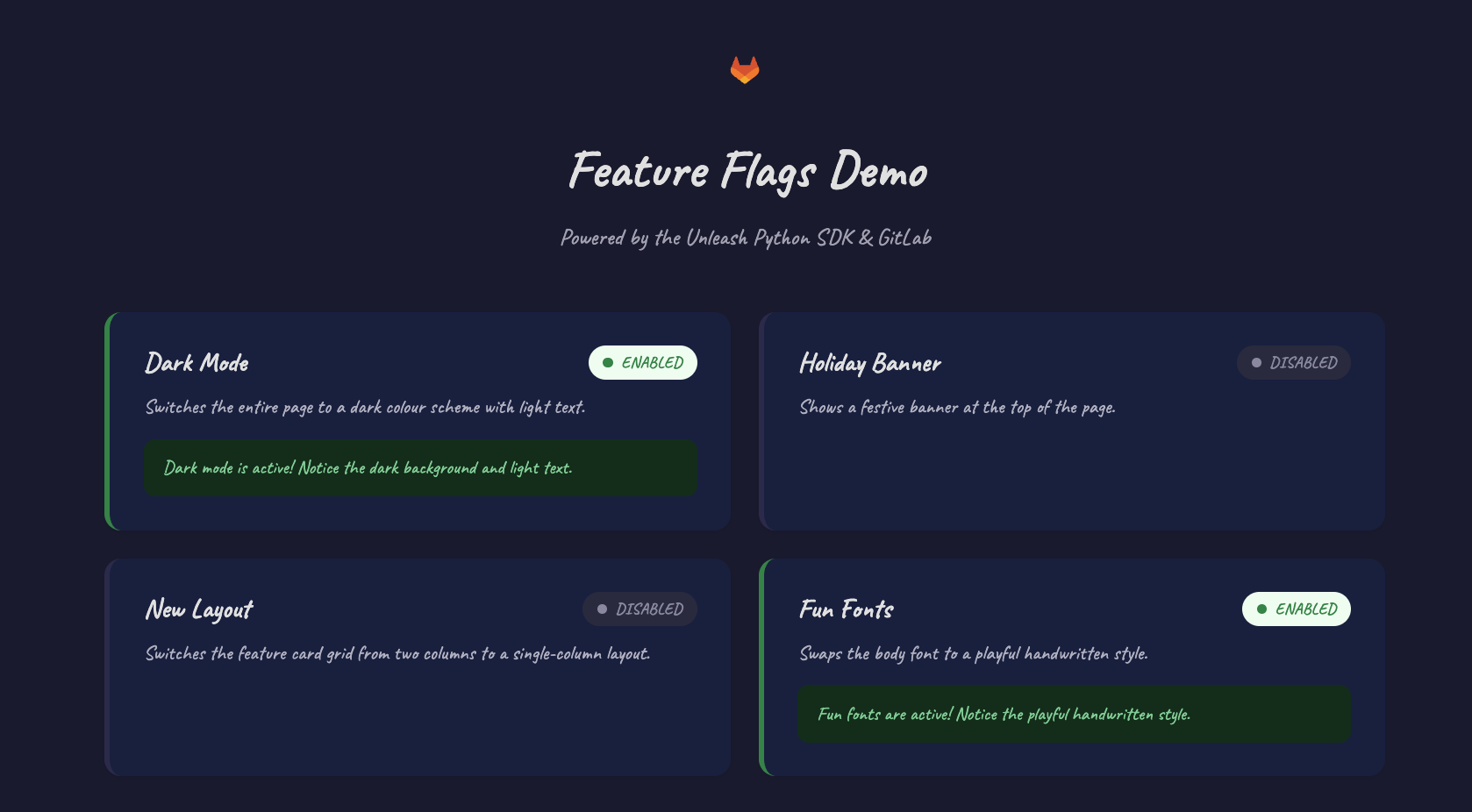Demo app with two feature flags toggled off Demo app with two feature flags toggled off