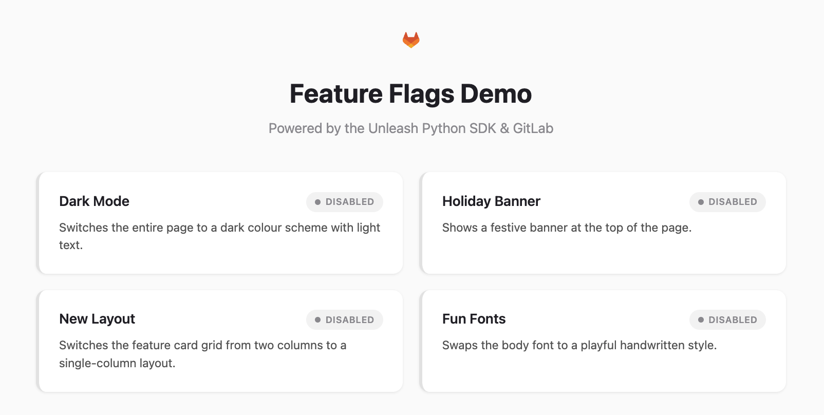 Demo app with all four feature flags disabled Demo app with all four feature flags disabled