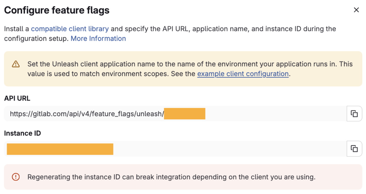 Configure panel shows your API URL and Instance ID Configure panel shows your API URL and Instance ID