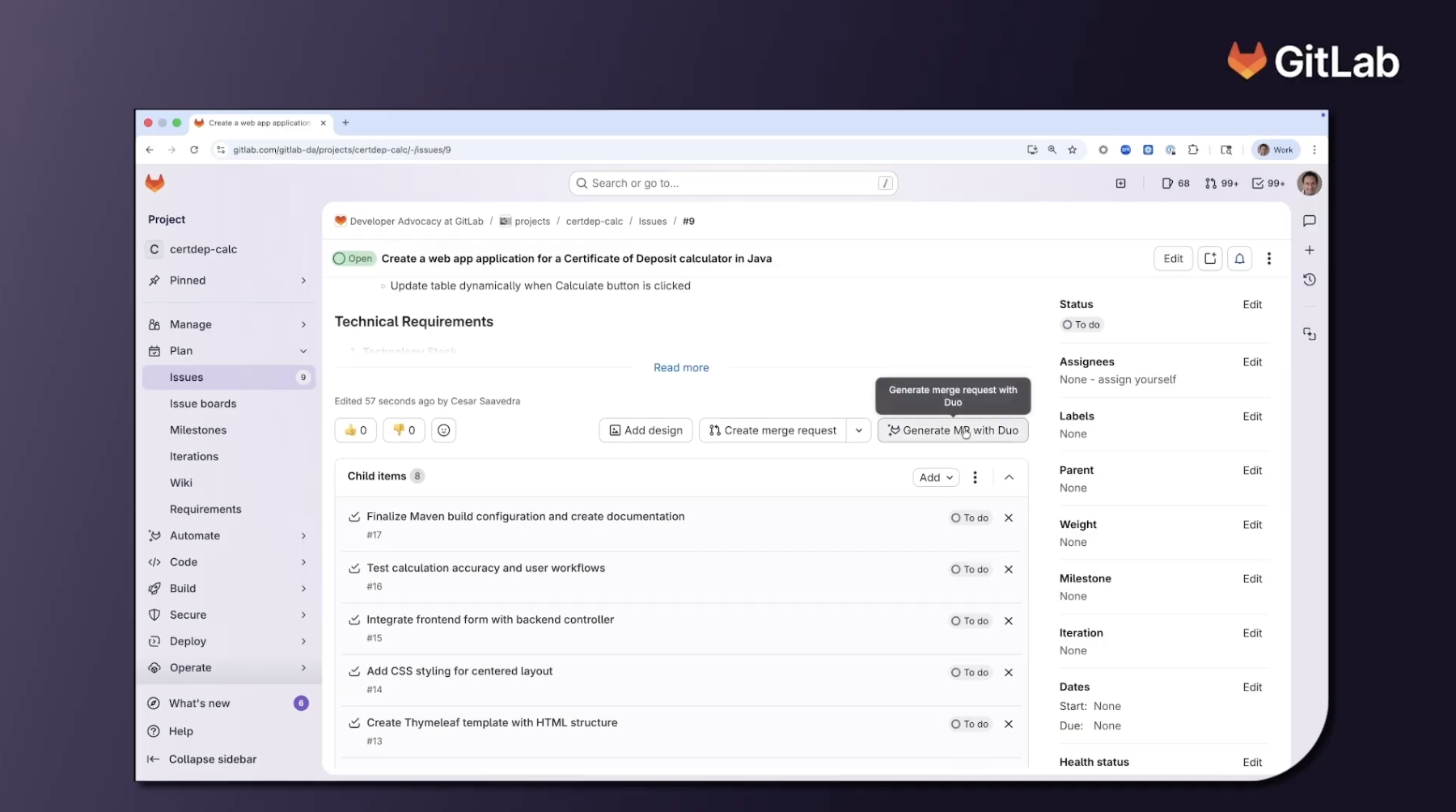 Génération d'une merge request avec GitLab Duo