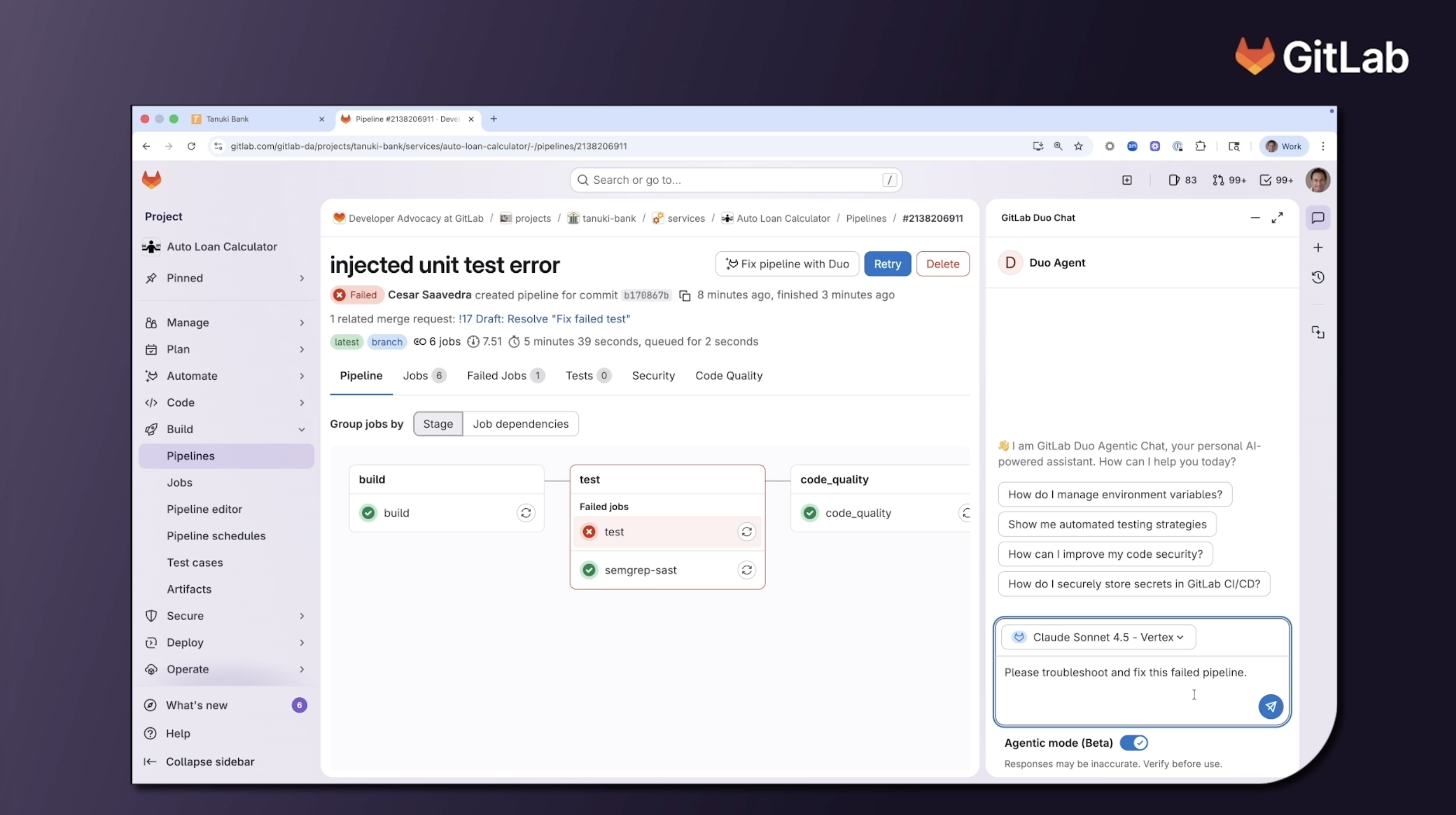 Correction de pipeline en échec avec GitLab Duo Agent Platform