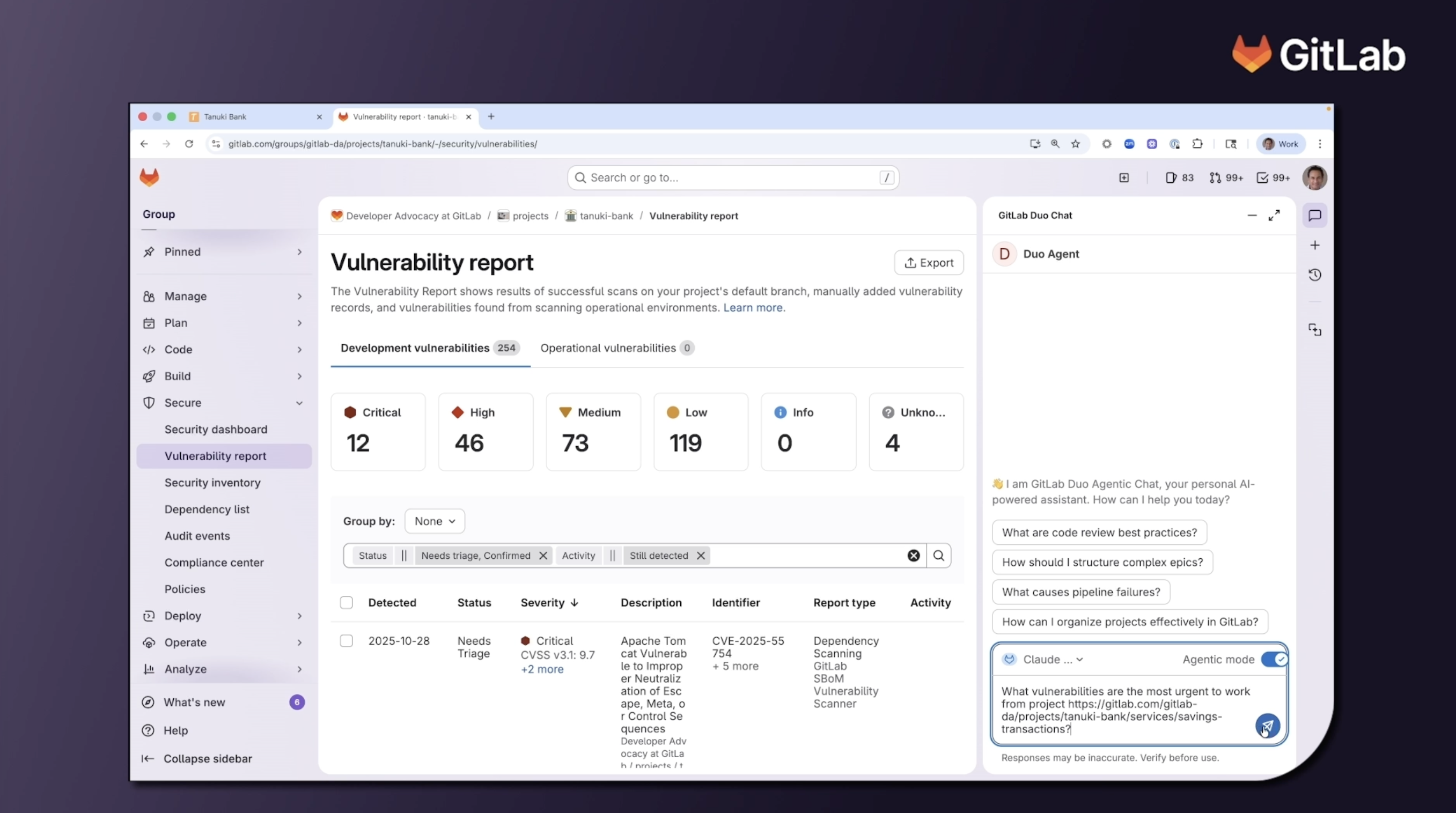 Rapport de vulnérabilités dans GitLab