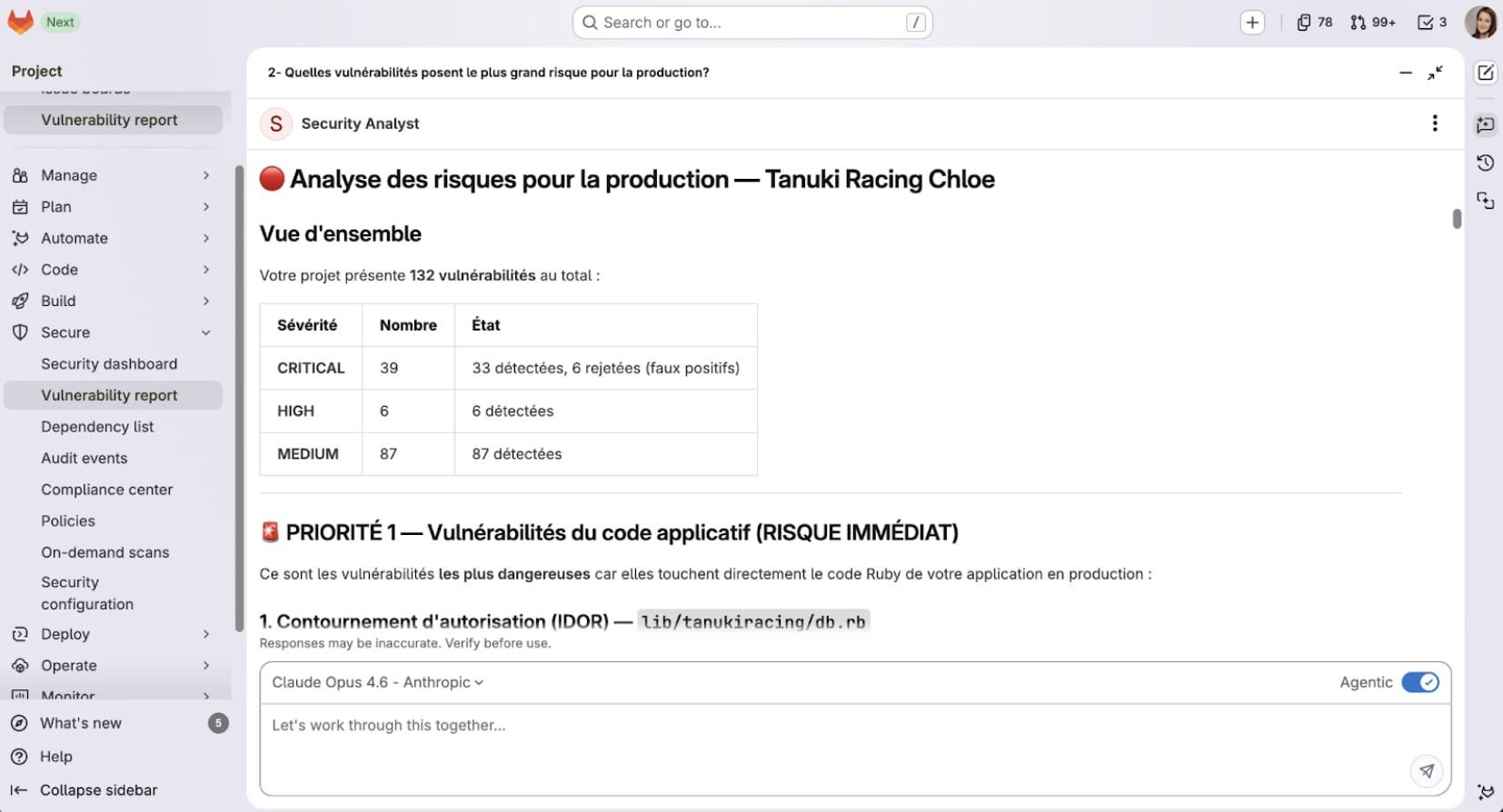 Analyse des risques par l'agent Security Analyst de GitLab