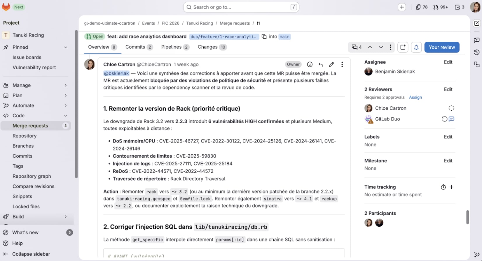 Recommandation GitLab Duo en commentaire d'une merge request