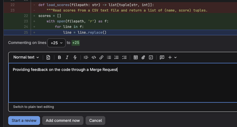 Ein GitLab Merge Request mit Inline-Kommentarfunktion für Lehrende