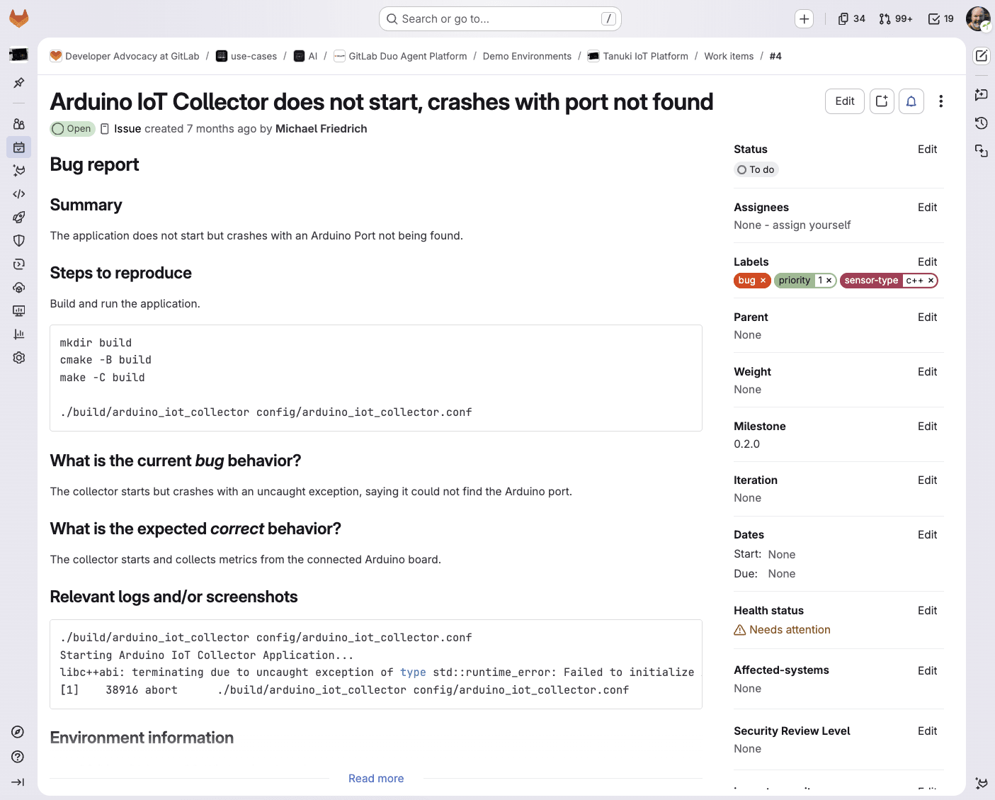 GitLab Issue mit dem Bug-Report zum Arduino-IoT-Collector-Absturz