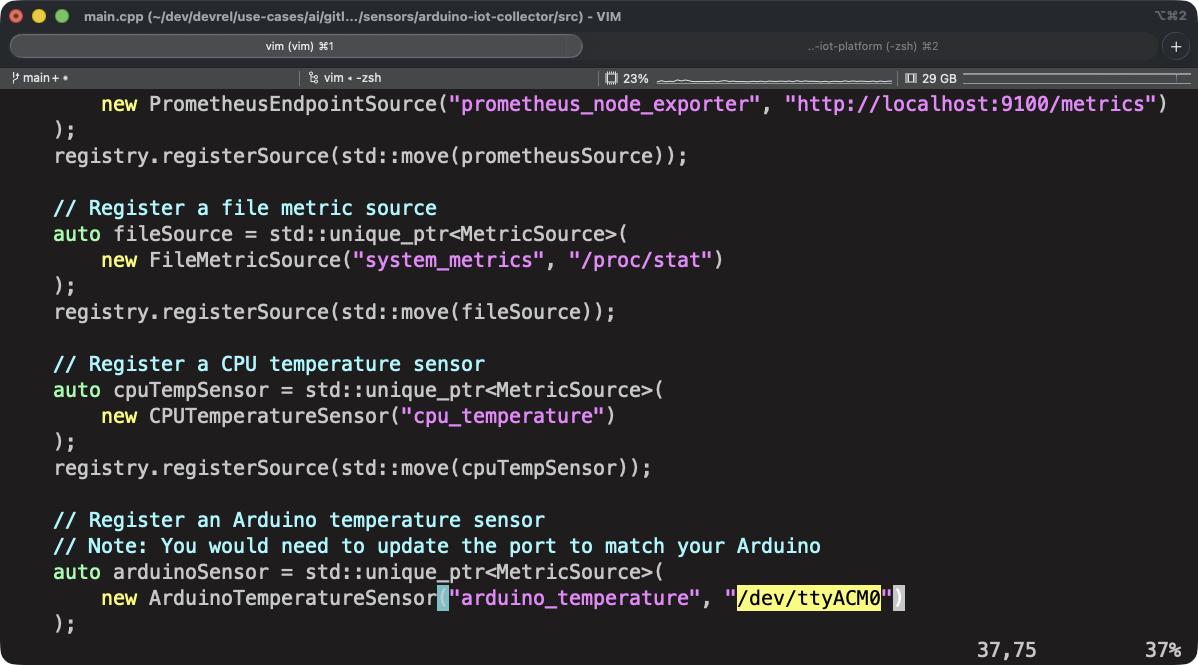 Code source du collecteur Arduino IoT ouvert dans vim