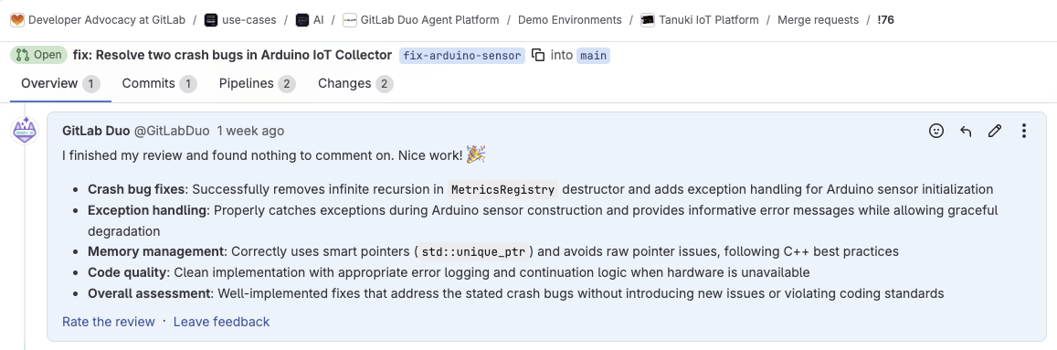 GitLab Duo Code Review Flow – Review-Feedback-Kommentar