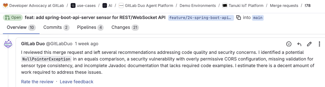 GitLab Duo Code Review-Feedback zum Spring Boot API-Server-MR