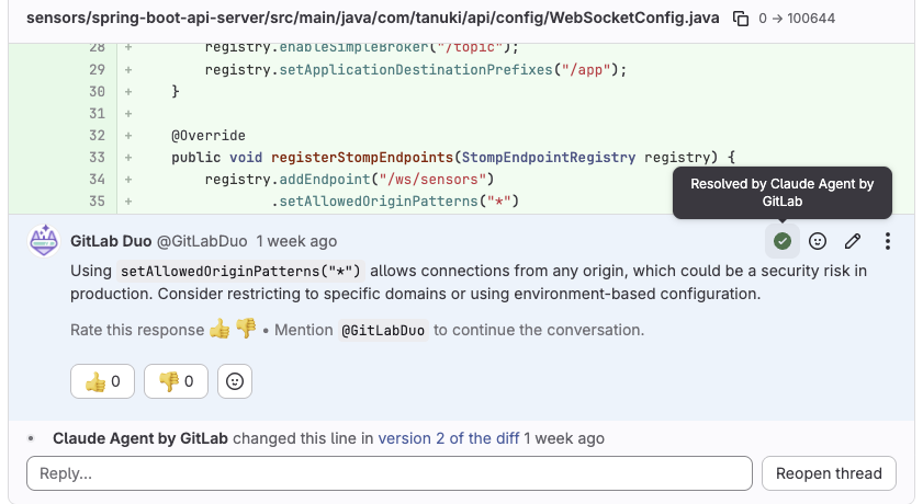GitLab Duo Code Review-Feedback durch Claude Agent aufgelöst