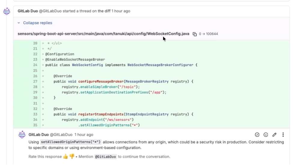 GitLab Duo Code Review Flow – Feedback zu unsicheren AllowedOriginPatterns für die im MR eingeführten API-Endpunkte
