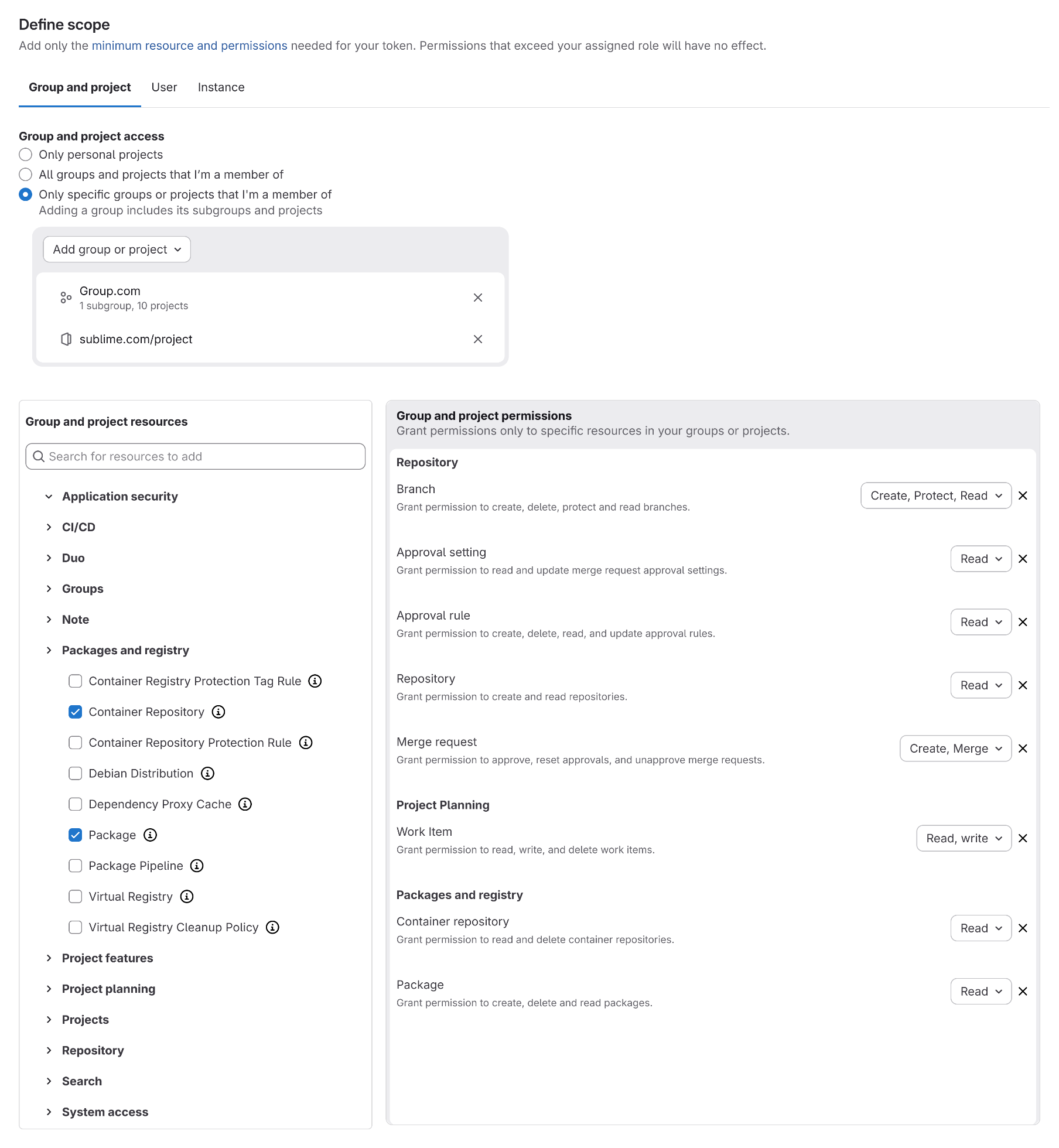 Den Scope eines Fine-Grained PAT definieren: Gruppen oder Projekte auswählen und ressourcenspezifische Berechtigungen vergeben.