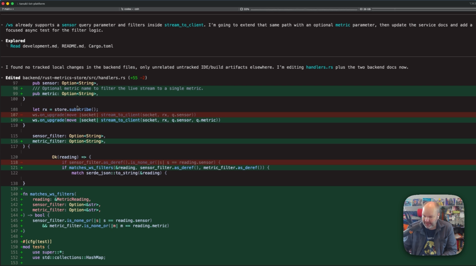 Terminal with three sessions: Running the metrics backend, using websocat to read the WebSocket stream, and sending test metrics with curl.