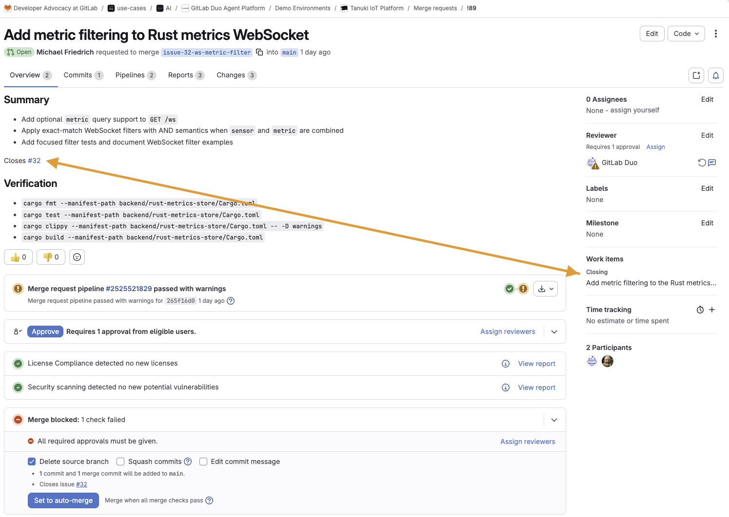 MR comments with GitLab Duo Code Review feedback, and developer sharing the local test results.