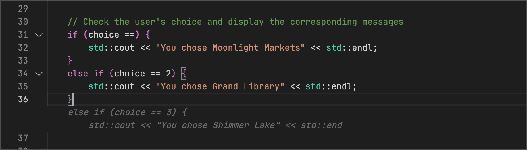 adventure.cpp - Code Suggestions helps the user fill out the rest of the if/else statements for choosing a location