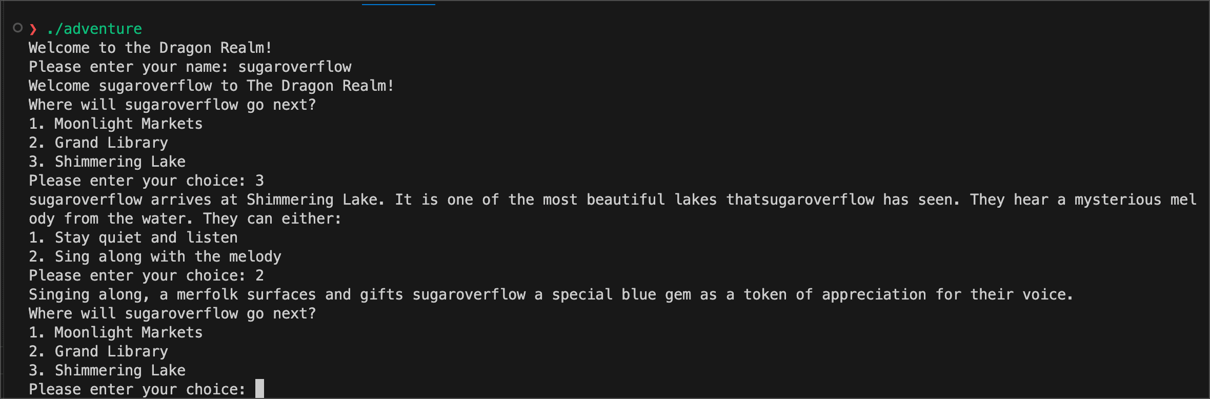 adventure.cpp build output - the player is called sugaroverflow and heads to the Shimmering Lake and receives a gem