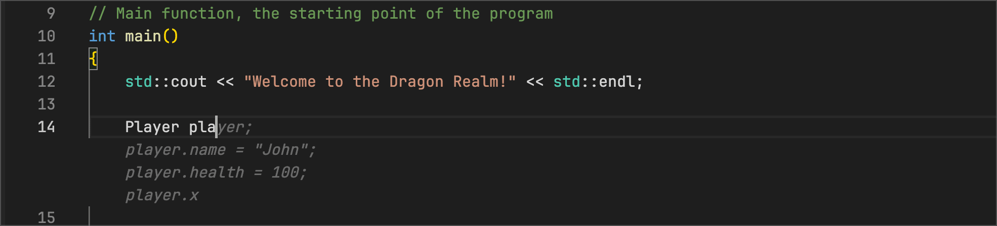 adventure.cpp - code suggestions suggests naming the new Player object John.