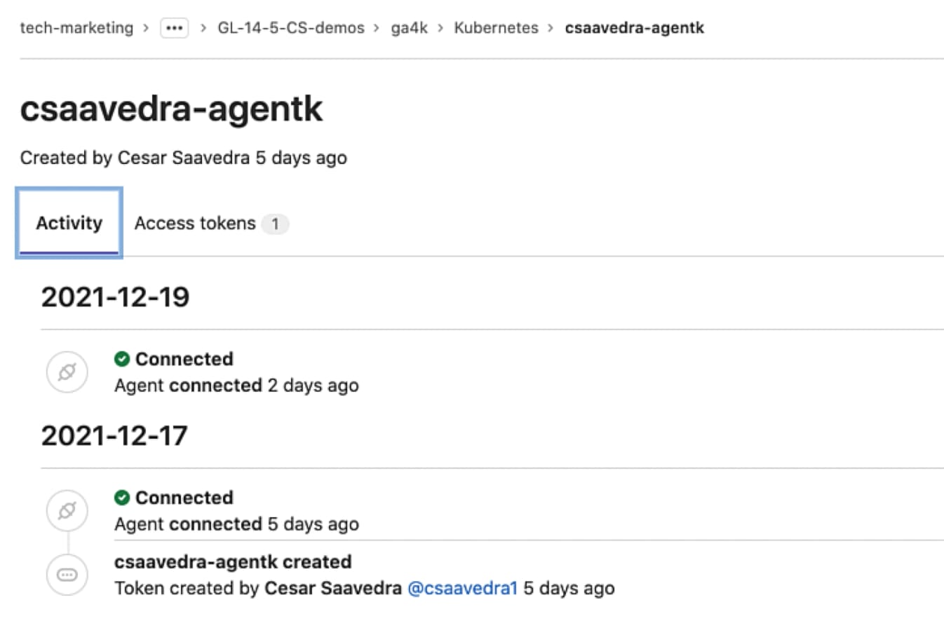 Agent activity information page