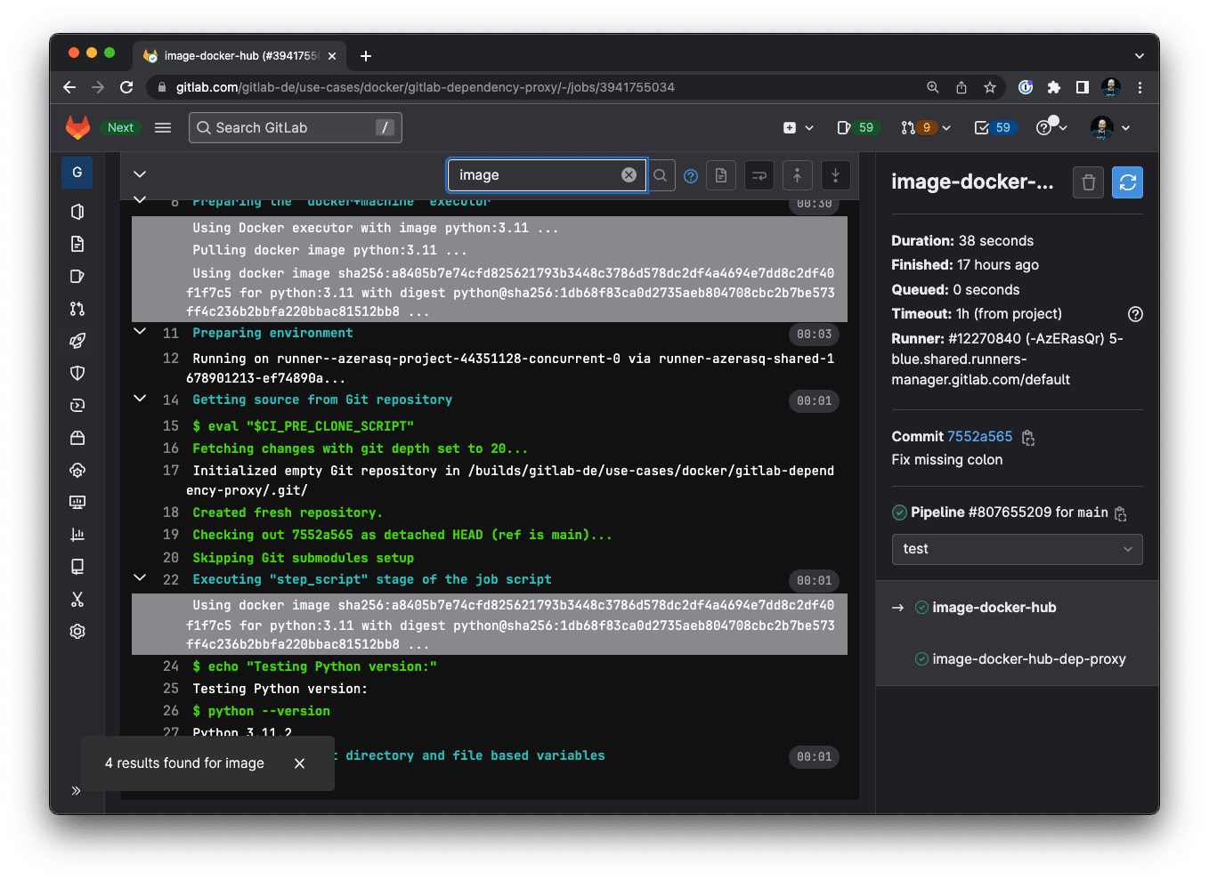 GitLab CI/CD job logs, searching for the image keyword