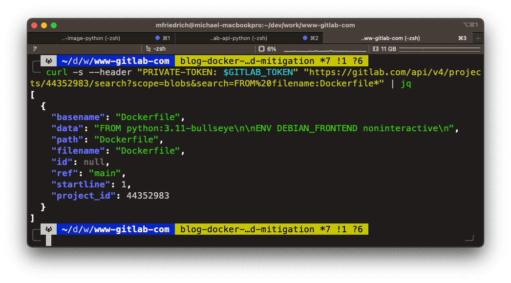 Command line output from Advanced Search API, scope blobs, search FROM in Dockerfile* file names.