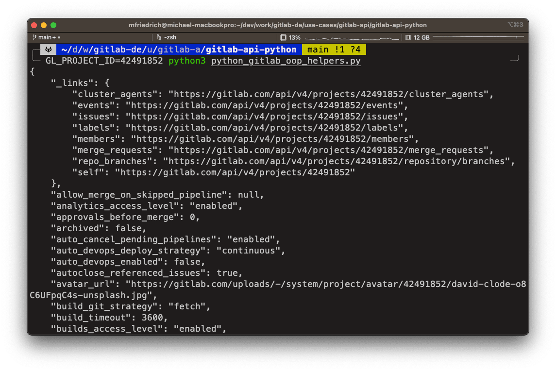 Example script that pretty-prints the project object attributes as JSON