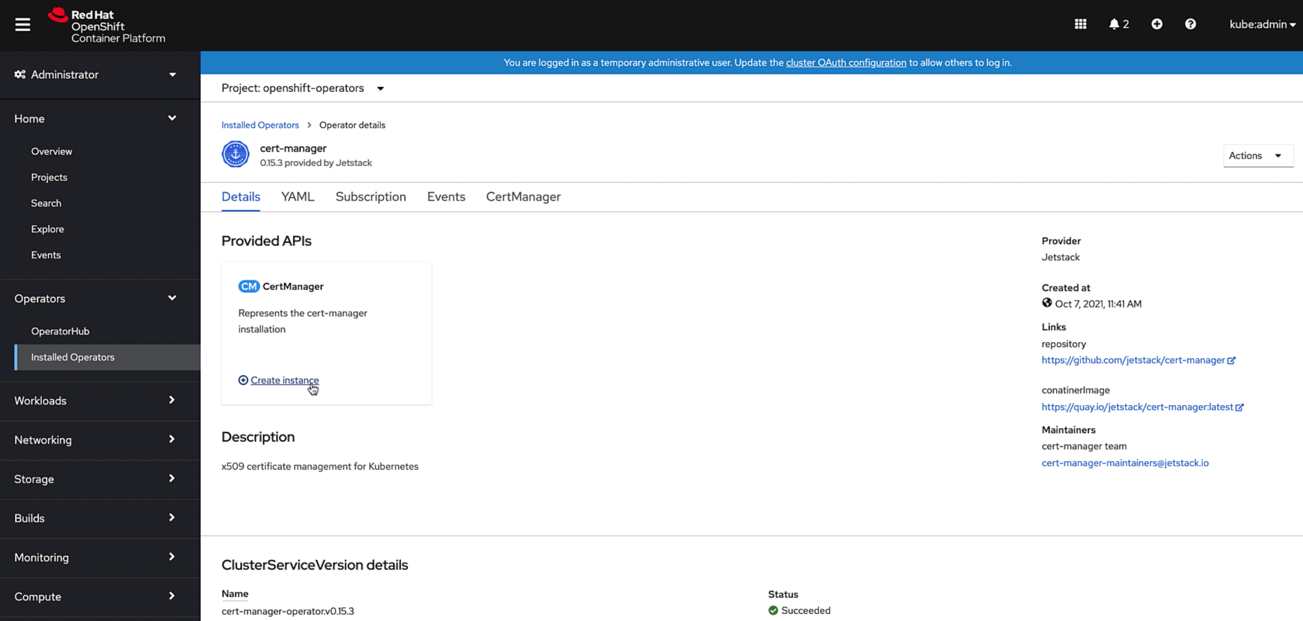 cert-manager instance creation