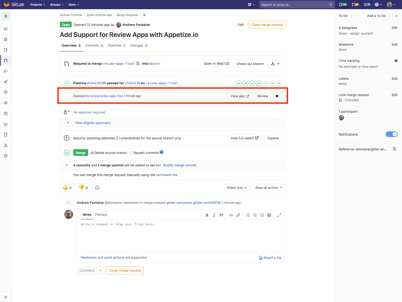 A merge request with a deployed review app