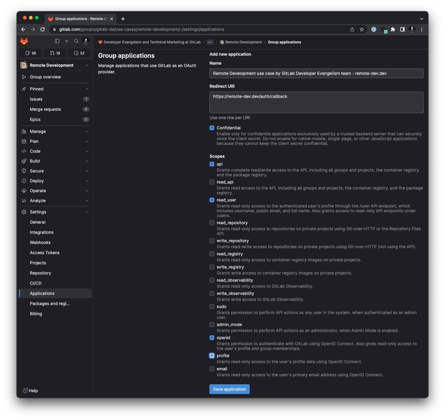 GitLab remote development workspaces, OAuth application in the group settings