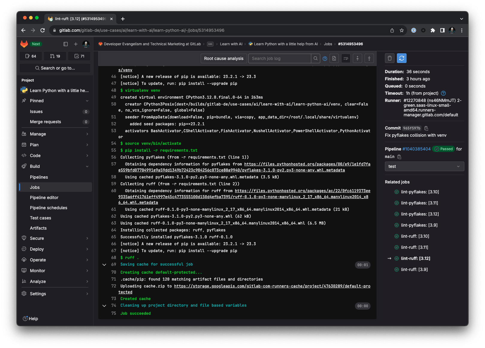 GitLab CI/CD Python lint job view, part of matrix builds