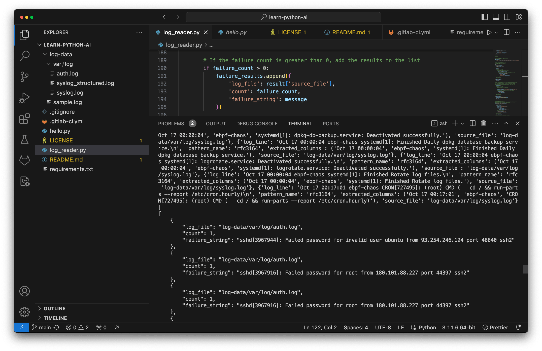 Parsing log files into structured objects, example result after following the exercises