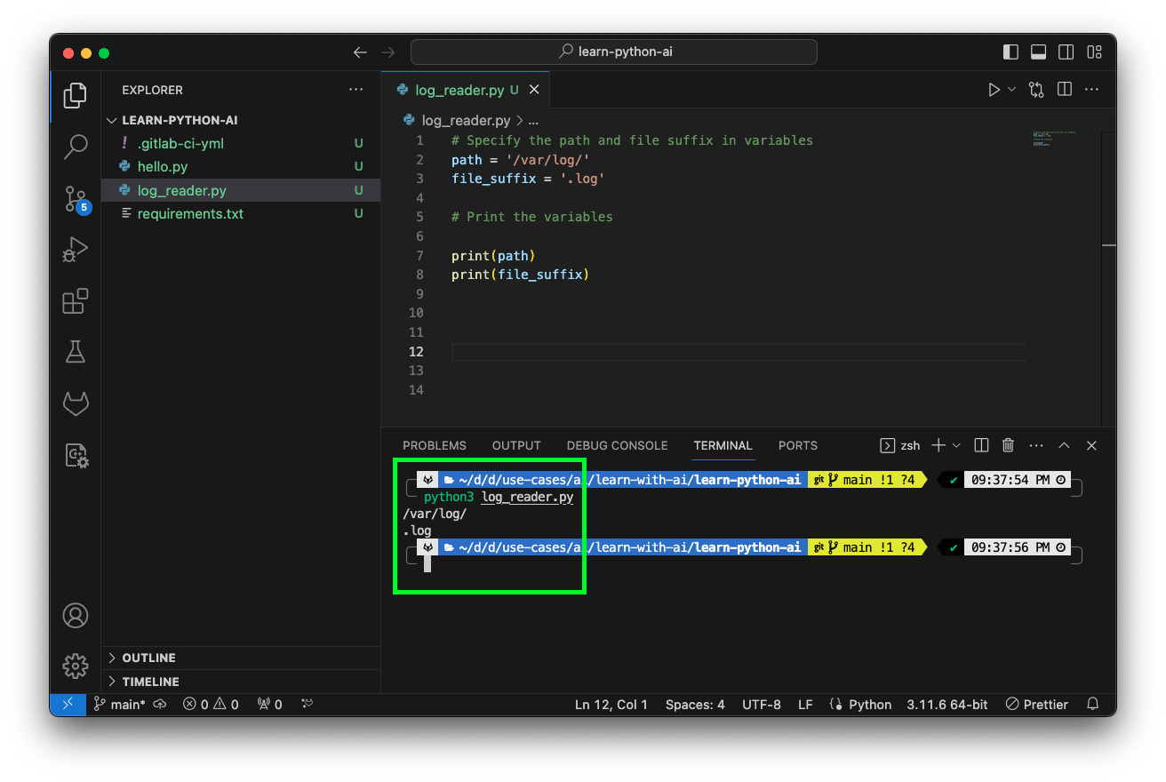 VS Code terminal, printing the variables