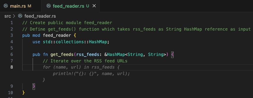Codevorschläge: öffentliches Modul mit Funktion get_feeds(), Schritt 1: iterieren